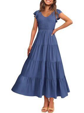 Women's Blue Summer Flowy Maxi Dress Casual Cap Sleeve V Neck Smocked Beach